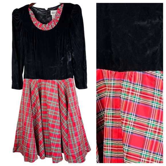 Vtg 90s Leslie Fay Midi Dress Sz 6 Medium Tartan Plaid Velvet Velour Holiday Red - Picture 2 of 5